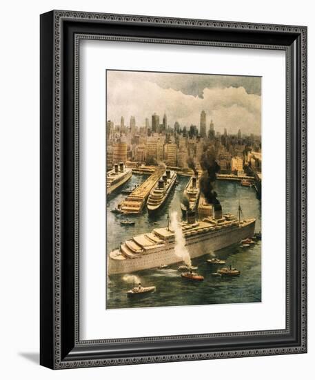 Liner Queen Elizabeth Takes Refuge in New York 1940-Achille Beltrame-Framed Giclee Print