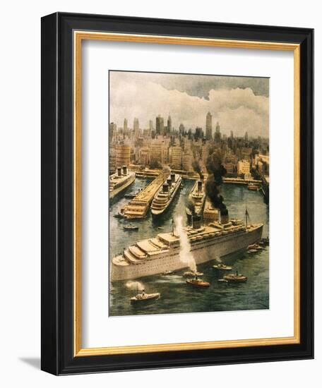 Liner Queen Elizabeth Takes Refuge in New York 1940-Achille Beltrame-Framed Giclee Print