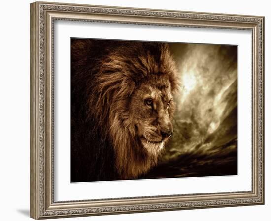 Lion Against Stormy Sky-NejroN Photo-Framed Photographic Print