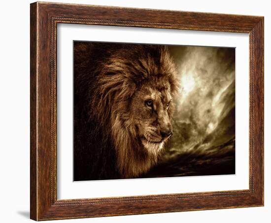 Lion Against Stormy Sky-NejroN Photo-Framed Photographic Print