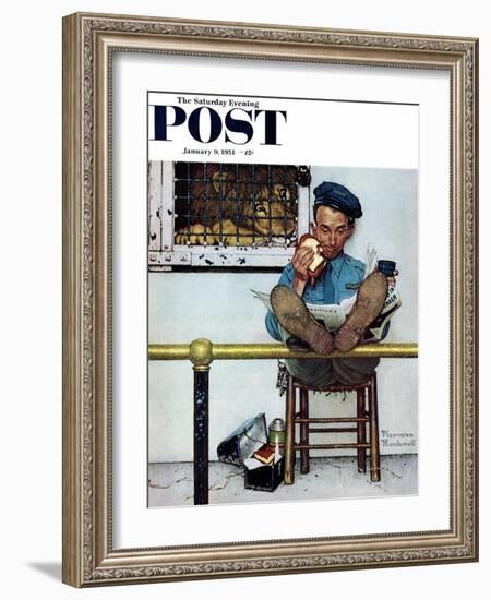 "Lion and His Keeper" Saturday Evening Post Cover, January 9,1954-Norman Rockwell-Framed Giclee Print