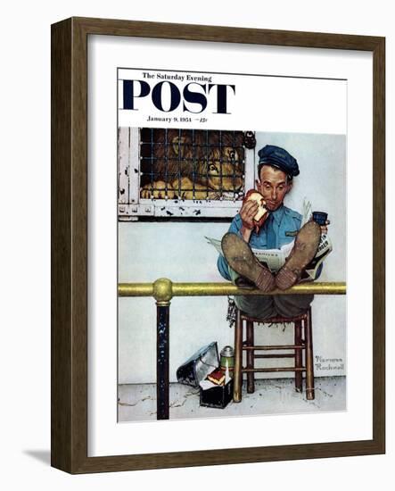 "Lion and His Keeper" Saturday Evening Post Cover, January 9,1954-Norman Rockwell-Framed Giclee Print