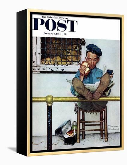 "Lion and His Keeper" Saturday Evening Post Cover, January 9,1954-Norman Rockwell-Framed Premier Image Canvas