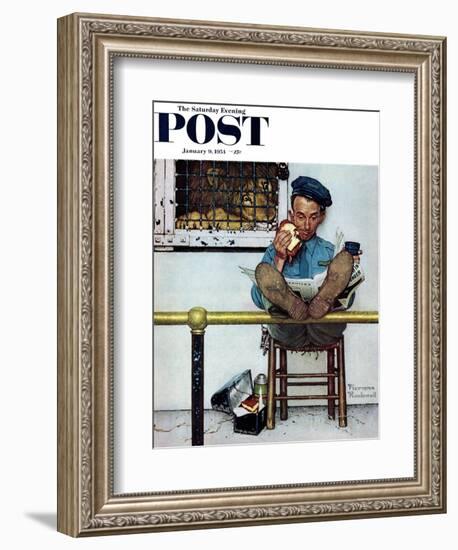 "Lion and His Keeper" Saturday Evening Post Cover, January 9,1954-Norman Rockwell-Framed Giclee Print