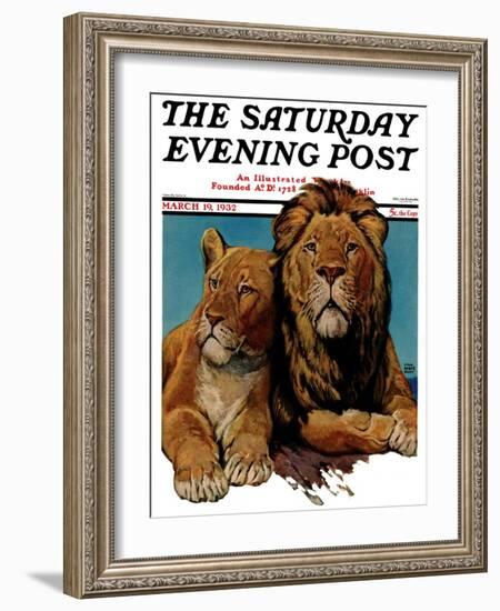 "Lion Couple," Saturday Evening Post Cover, March 19, 1932-Lynn Bogue Hunt-Framed Giclee Print