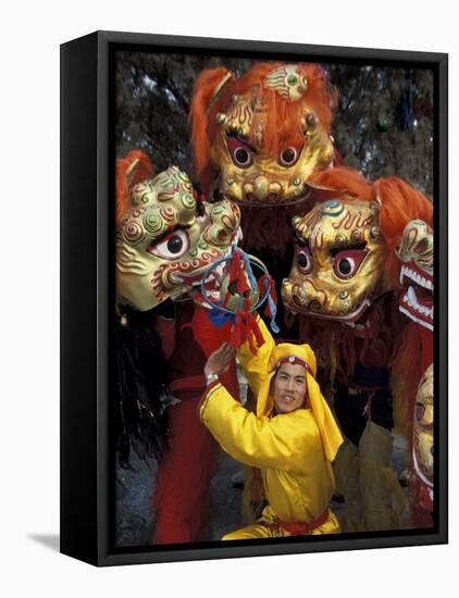 Lion Dance Celebrating Chinese New Year, Beijing, China-Keren Su-Framed Premier Image Canvas