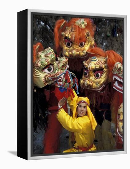 Lion Dance Celebrating Chinese New Year, Beijing, China-Keren Su-Framed Premier Image Canvas