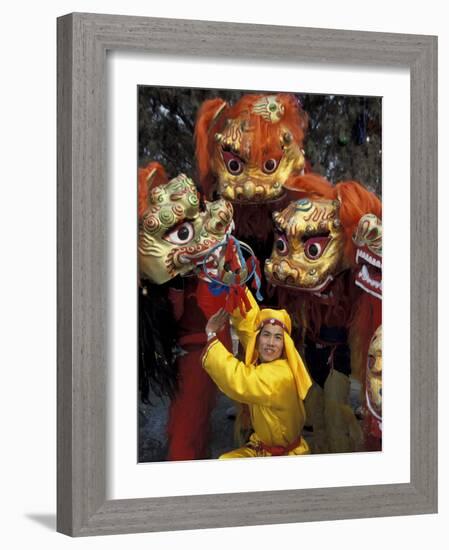 Lion Dance Celebrating Chinese New Year, Beijing, China-Keren Su-Framed Photographic Print