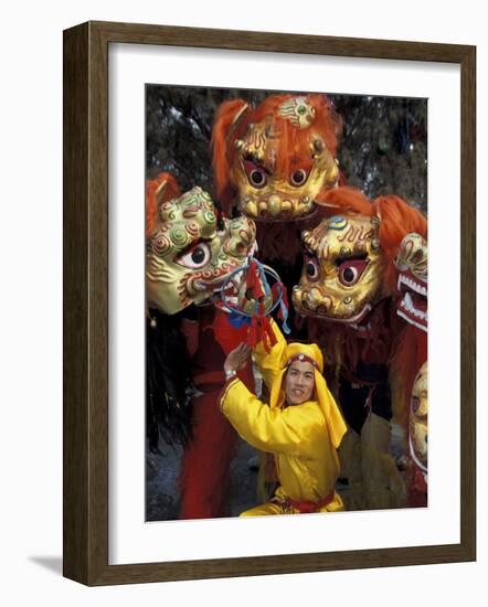 Lion Dance Celebrating Chinese New Year, Beijing, China-Keren Su-Framed Photographic Print