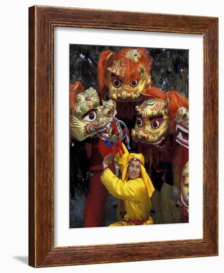 Lion Dance Celebrating Chinese New Year, Beijing, China-Keren Su-Framed Photographic Print