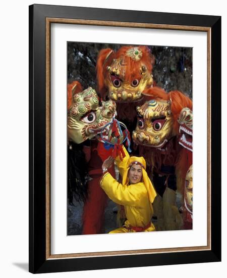 Lion Dance Celebrating Chinese New Year, Beijing, China-Keren Su-Framed Photographic Print