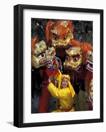 Lion Dance Celebrating Chinese New Year, Beijing, China-Keren Su-Framed Photographic Print