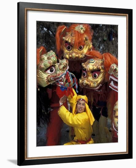 Lion Dance Celebrating Chinese New Year, Beijing, China-Keren Su-Framed Photographic Print