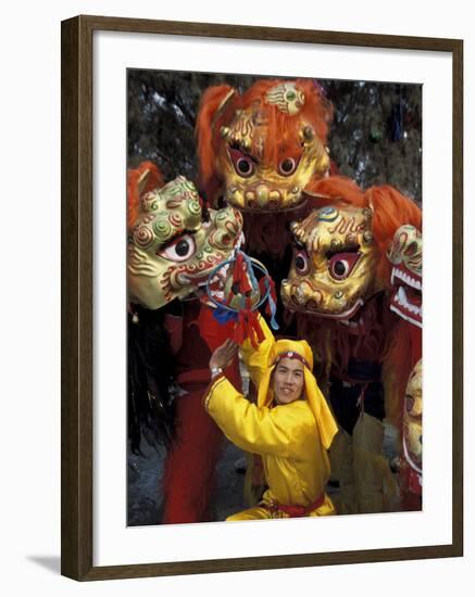 Lion Dance Celebrating Chinese New Year, Beijing, China-Keren Su-Framed Photographic Print