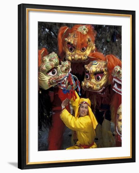 Lion Dance Celebrating Chinese New Year, Beijing, China-Keren Su-Framed Photographic Print
