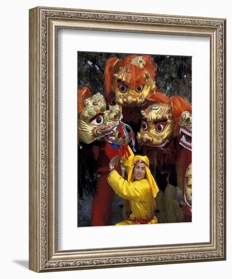 Lion Dance Celebrating Chinese New Year, Beijing, China-Keren Su-Framed Photographic Print