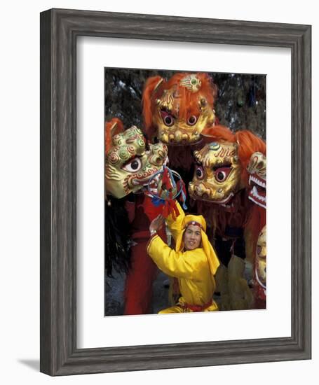 Lion Dance Celebrating Chinese New Year, Beijing, China-Keren Su-Framed Photographic Print