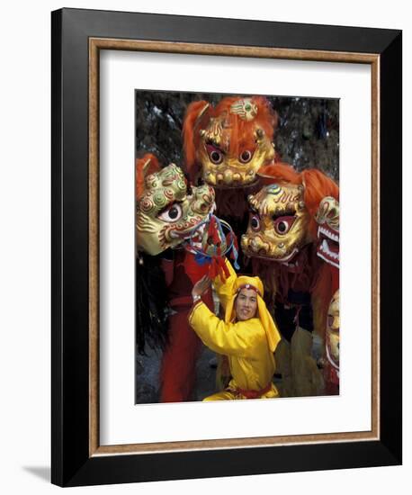 Lion Dance Celebrating Chinese New Year, Beijing, China-Keren Su-Framed Photographic Print