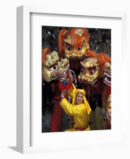 Lion Dance Celebrating Chinese New Year, Beijing, China-Keren Su-Framed Photographic Print