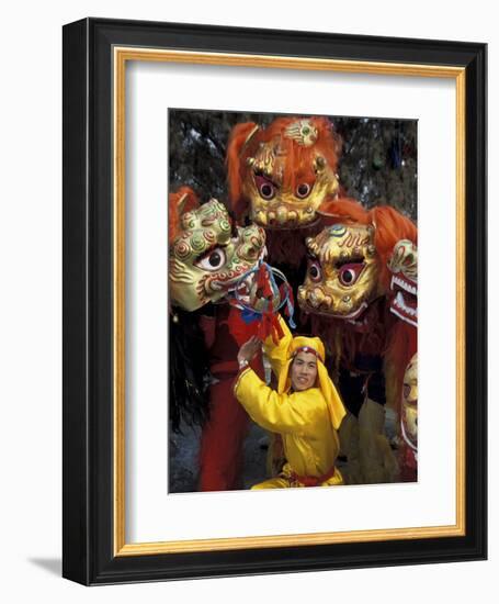 Lion Dance Celebrating Chinese New Year, Beijing, China-Keren Su-Framed Photographic Print