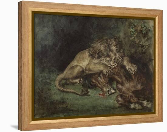 Lion Dévorant Un Cheval (Lion Devouring a Horse), C. 1844 (Watercolor, Bodycolor Oand Gum Arabic Wi-Ferdinand Victor Eugene Delacroix-Framed Premier Image Canvas