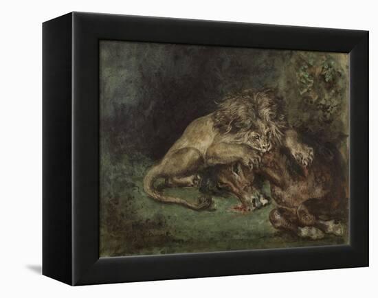 Lion Dévorant Un Cheval (Lion Devouring a Horse), C. 1844 (Watercolor, Bodycolor Oand Gum Arabic Wi-Ferdinand Victor Eugene Delacroix-Framed Premier Image Canvas