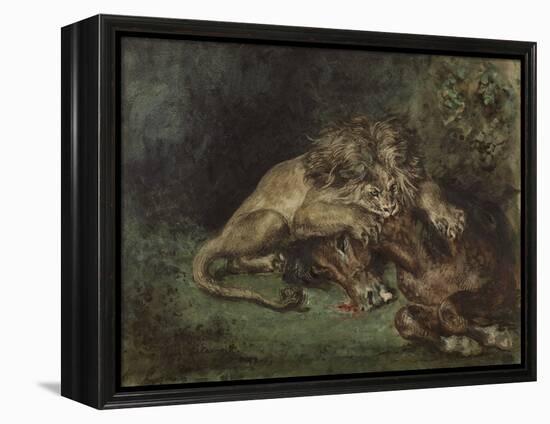 Lion Dévorant Un Cheval (Lion Devouring a Horse), C. 1844 (Watercolor, Bodycolor Oand Gum Arabic Wi-Ferdinand Victor Eugene Delacroix-Framed Premier Image Canvas