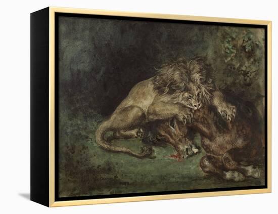 Lion Dévorant Un Cheval (Lion Devouring a Horse), C. 1844 (Watercolor, Bodycolor Oand Gum Arabic Wi-Ferdinand Victor Eugene Delacroix-Framed Premier Image Canvas