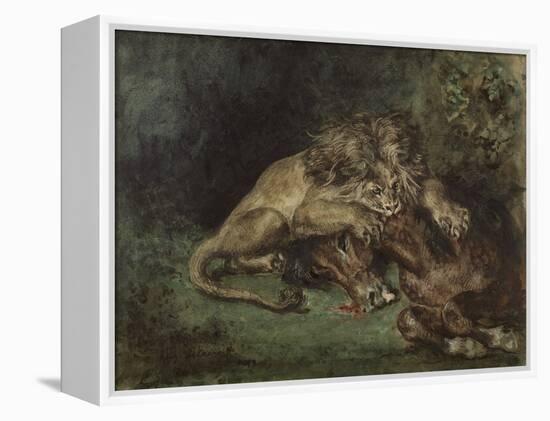 Lion Dévorant Un Cheval (Lion Devouring a Horse), C. 1844 (Watercolor, Bodycolor Oand Gum Arabic Wi-Ferdinand Victor Eugene Delacroix-Framed Premier Image Canvas