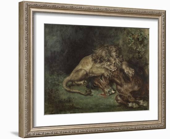 Lion Dévorant Un Cheval (Lion Devouring a Horse), C. 1844 (Watercolor, Bodycolor Oand Gum Arabic Wi-Ferdinand Victor Eugene Delacroix-Framed Giclee Print