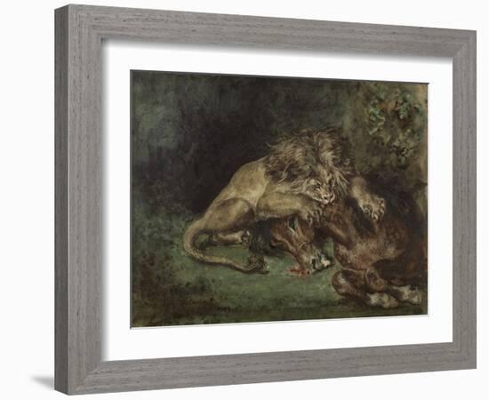 Lion Dévorant Un Cheval (Lion Devouring a Horse), C. 1844 (Watercolor, Bodycolor Oand Gum Arabic Wi-Ferdinand Victor Eugene Delacroix-Framed Giclee Print