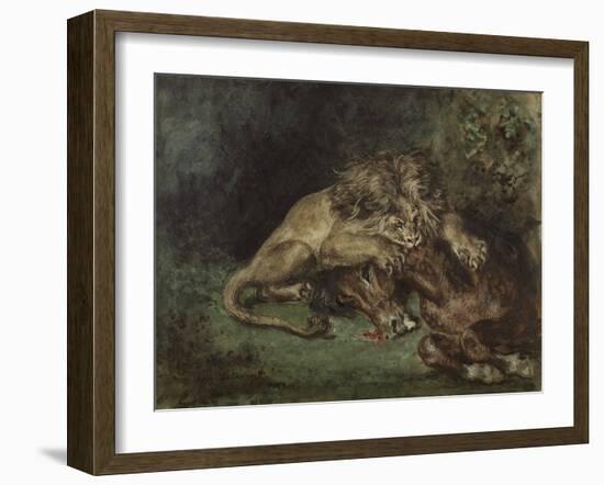 Lion Dévorant Un Cheval (Lion Devouring a Horse), C. 1844 (Watercolor, Bodycolor Oand Gum Arabic Wi-Ferdinand Victor Eugene Delacroix-Framed Giclee Print