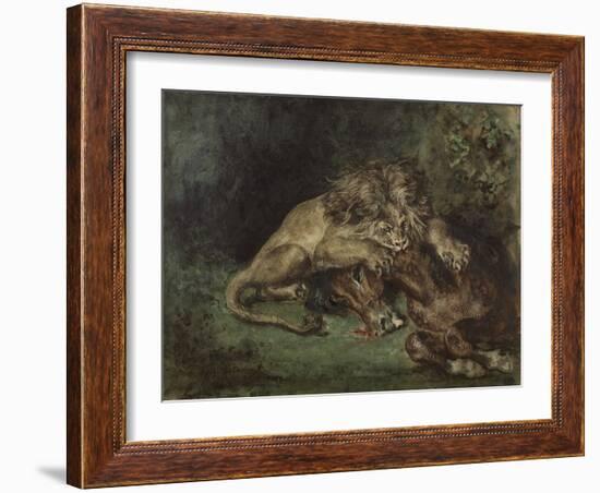 Lion Dévorant Un Cheval (Lion Devouring a Horse), C. 1844 (Watercolor, Bodycolor Oand Gum Arabic Wi-Ferdinand Victor Eugene Delacroix-Framed Giclee Print