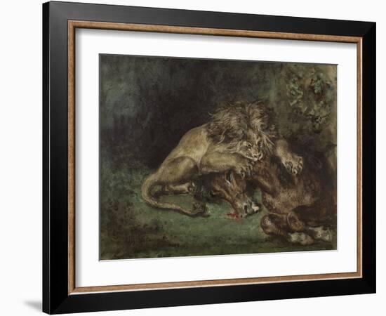 Lion Dévorant Un Cheval (Lion Devouring a Horse), C. 1844 (Watercolor, Bodycolor Oand Gum Arabic Wi-Ferdinand Victor Eugene Delacroix-Framed Giclee Print