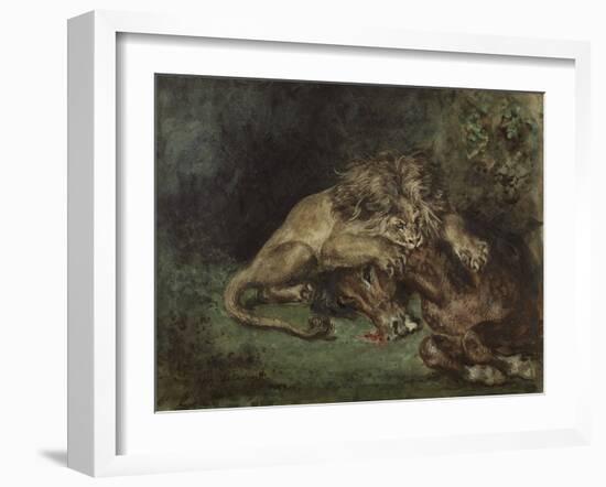 Lion Dévorant Un Cheval (Lion Devouring a Horse), C. 1844 (Watercolor, Bodycolor Oand Gum Arabic Wi-Ferdinand Victor Eugene Delacroix-Framed Giclee Print