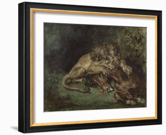 Lion Dévorant Un Cheval (Lion Devouring a Horse), C. 1844 (Watercolor, Bodycolor Oand Gum Arabic Wi-Ferdinand Victor Eugene Delacroix-Framed Giclee Print