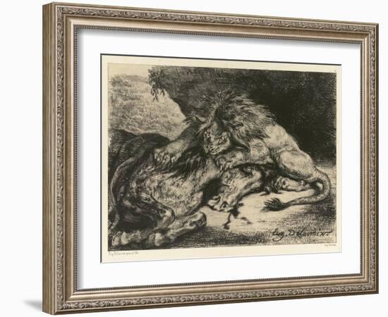 Lion Devouring a Horse, 1844 (Litho on Chine Collé on Paper)-Ferdinand Victor Eugene Delacroix-Framed Giclee Print