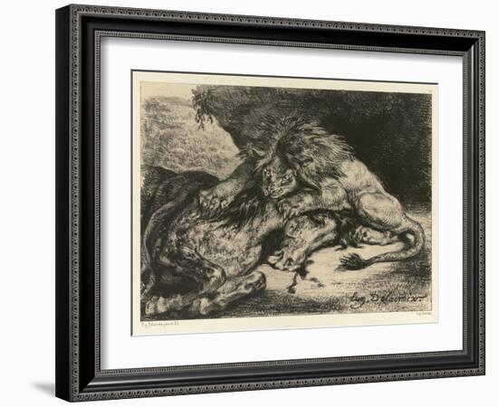 Lion Devouring a Horse, 1844 (Litho on Chine Collé on Paper)-Ferdinand Victor Eugene Delacroix-Framed Giclee Print