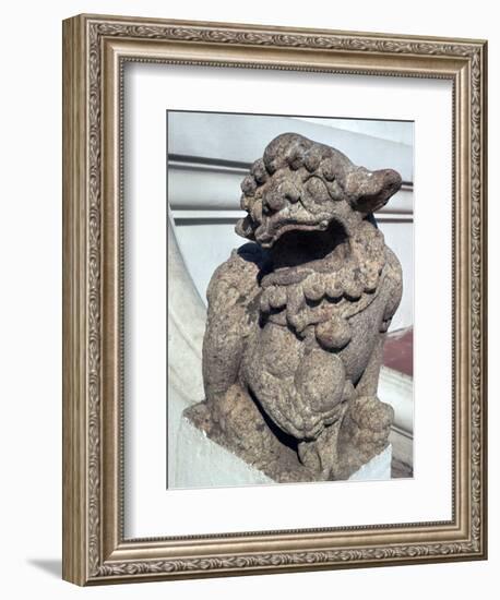 Lion guardian on the steps of a Buddhist temple. Artist: Unknown-Unknown-Framed Giclee Print