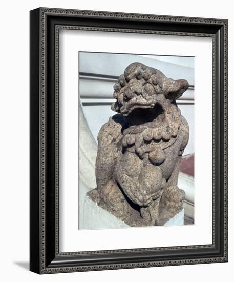 Lion guardian on the steps of a Buddhist temple. Artist: Unknown-Unknown-Framed Giclee Print