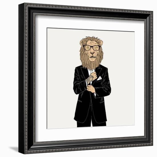 Lion in a Tuxedo with Tattoo-Olga_Angelloz-Framed Art Print