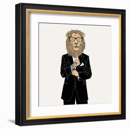 Lion in a Tuxedo with Tattoo-Olga_Angelloz-Framed Art Print