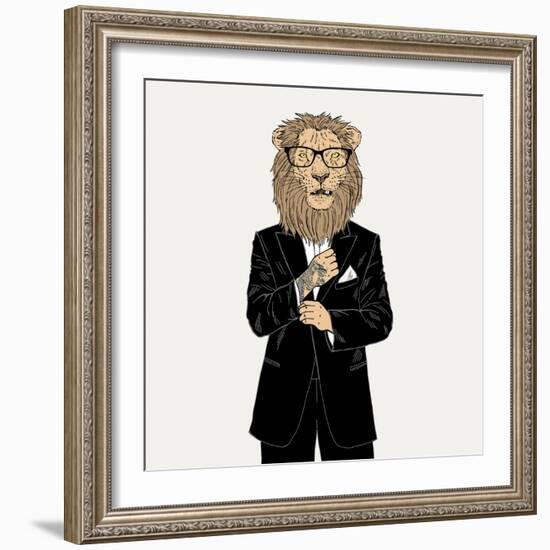 Lion in a Tuxedo with Tattoo-Olga_Angelloz-Framed Art Print