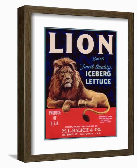 Lion Lettuce Label - Watsonville, CA-Lantern Press-Framed Art Print