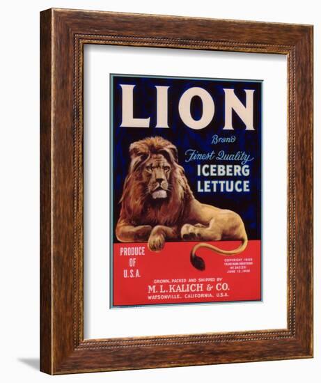 Lion Lettuce Label - Watsonville, CA-Lantern Press-Framed Art Print