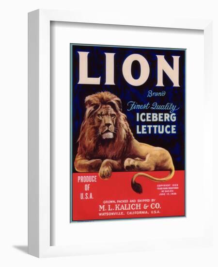 Lion Lettuce Label - Watsonville, CA-Lantern Press-Framed Art Print