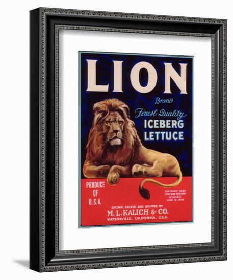 Lion Lettuce Label - Watsonville, CA-Lantern Press-Framed Art Print