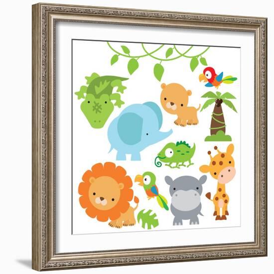 Lion Lioness Elephant Parrot Palm Tree Cute Animal Jungle Animal-Svetlana Peskin-Framed Art Print