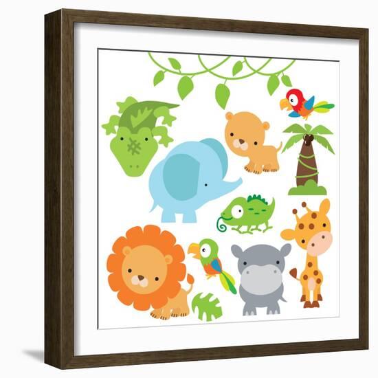 Lion Lioness Elephant Parrot Palm Tree Cute Animal Jungle Animal-Svetlana Peskin-Framed Art Print