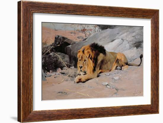 Lion Reclining in a Rocky Landscape-Wilhelm Kuhnert-Framed Giclee Print